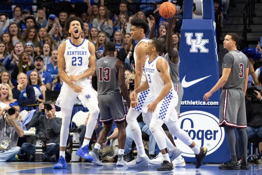 Freshman forward EJ Montgomery reacts after dunking the ball. University of Kentucky men's basketball team defeated Southern Illinois University 71-59 on Friday, Nov. 9, 2018, at Rupp Arena in Lexington, Kentucky. Photo by Michael Clubb | Staff