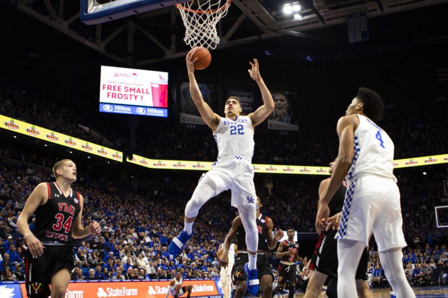 Kentucky graduate student forward Reid Travis goes in for a layup during the game against the Virginia Military Institute Keydets on Sunday, Nov. 18, 2018, at Rupp Arena, in Lexington, Kentucky. Kentucky won 82-92. Photo by Arden Barnes | Staff