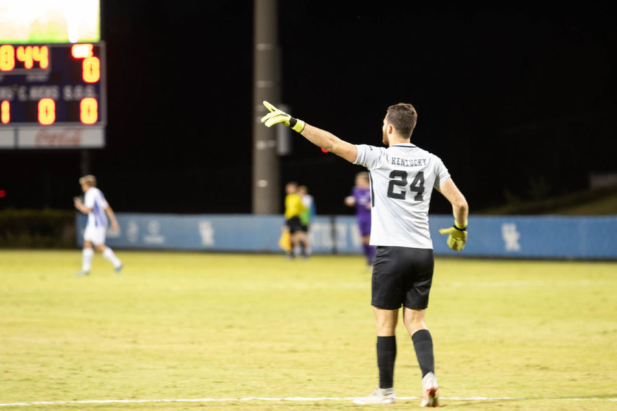 Sophomore Enrique Facusse (24) watches his opponents and tries to signal to them. University of Kentucky men's soccer team defeated University of Evansville in Lexington, Kentucky on October 24, 2018. Photo by Sukruthi Yerramreddy | Staff