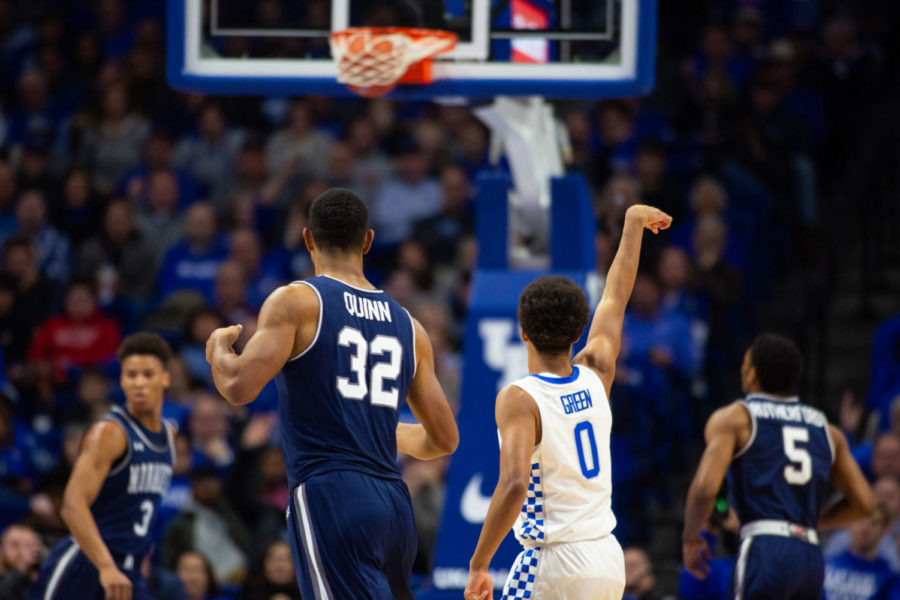 Kentucky+sophomore+guard+Quade+Green+holds+his+form+as+his+three+point+shot+goes+through+the+net+during+the+game+against+Monmouth+on+Wednesday%2C+Nov.+28%2C+2018%2C+at+Rupp+Arena+in+Lexington%2C+Kentucky.+Photo+by+Jordan+Prather+%7C+Staff