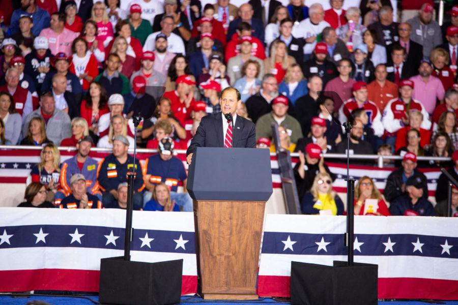 Congressman Any Barr speaks during the make America great again rally on Saturday, Oct. 13, 2018 at Alumni Coliseum in Richmond, Ky. Photo by Jordan Prather | Staff