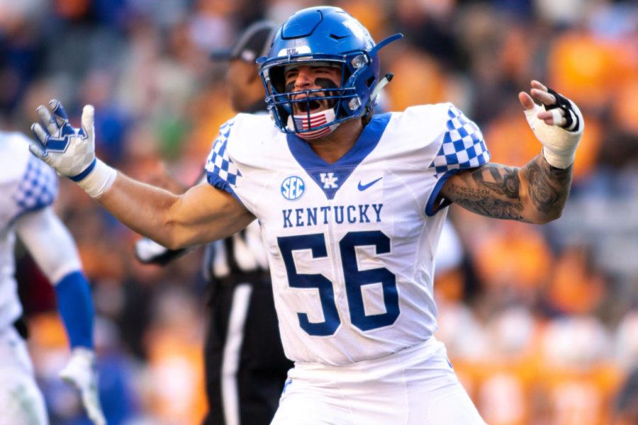 Kentucky+Wildcats+linebacker+Kash+Daniel+%2856%29+celebrating+after+sacking+UTs+quarterback.+University+of+Kentuckys+football+team+lost+to+University+of+Tennessee%2C+24-7%2C+at+Neyland+Stadium+on+Saturday%2C+Nov.+10%2C+2018+in+Knoxville%2C+Tennessee.+Photo+by+Michael+Clubb+%7C+Staff