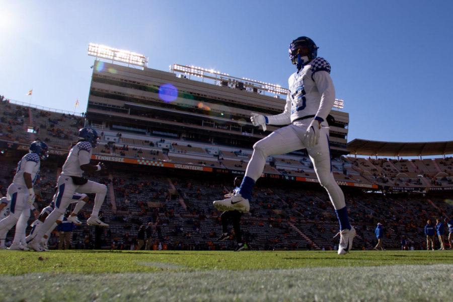 Kentucky Wildcats wide receiver ZyAire Hughes (13) warming up before the game. University of Kentuckys football team lost to University of Tennessee, 24-7, at Neyland Stadium on Saturday, Nov. 10, 2018 in Knoxville, Tennessee. Photo by Michael Clubb | Staff