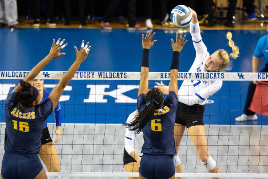 Kentucky freshman Alli Stumler spikes the ball over the net during the match against Murray State in the first round of the NCAA tournament on Friday, Nov. 30, 2018, at Memorial Coliseum in Lexington, Kentucky. Kentucky defeated Murray State three sets to zero. Photo by Jordan Prather | Staff