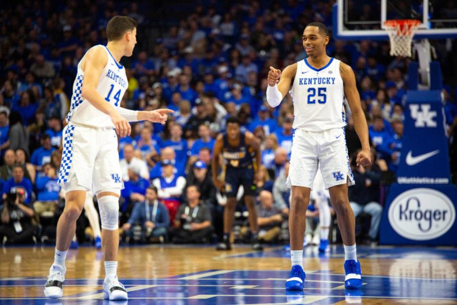 Kentucky+sophomore+forward+PJ+Washington+laughs+with+freshman+guard+Tyler+Herro+on+the+court+during+the+game+against+University+of+North+Carolina+at+Greensboro+on+Saturday%2C+Dec.+1%2C+2018%2C+at+Rupp+Arena+in+Lexington%2C+Kentucky.+Photo+by+Jordan+Prather+%7C+Staff