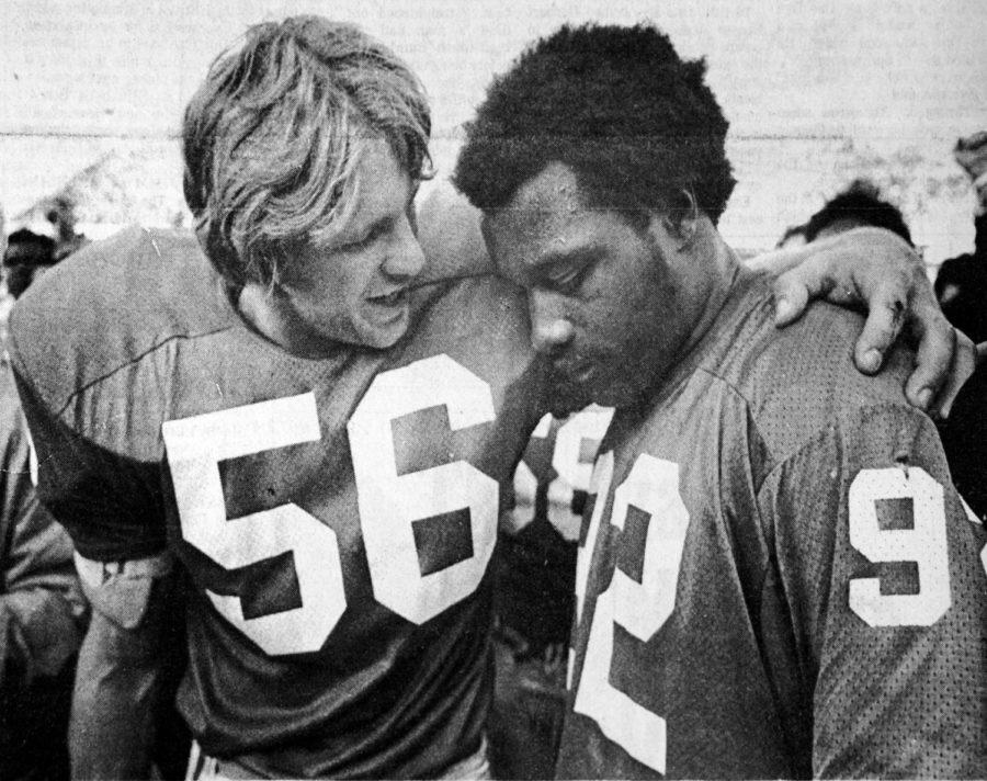 Senior linebacker Dave Fadrowski (56) talks with senior defensive tackle Jerry Blanton (92) following their victory over Tennessee. Both players were injured in their previous game against Florida. File photo by Stewart Bowman.