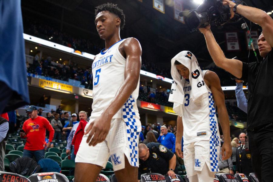 Freshman+guards+Immanuel+Quickley+and+Keldon+Johnson+walk+back+to+the+locker+room+following+their+loss+to+Duke+in+the+State+Farm+Champions+Classic+on+Tuesday%2C+Nov.+6%2C+2018%2C+at+Bankers+Life+Fieldhouse+in+Indianapolis%2C+Indiana.+Photo+by+Jordan+Prather+%7C+Staff
