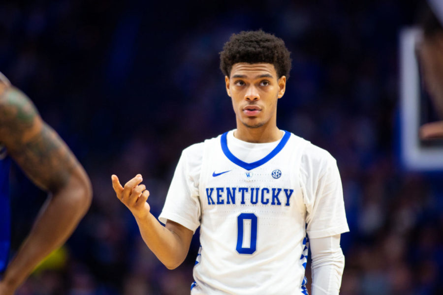 Kentucky+sophomore+guard+Quade+Green+discusses+which+Tennessee+State+player+he+will+guard+during+the+game+on+Friday%2C+Nov.+23%2C+2018%2C+at+Rupp+Arena+in+Lexington%2C+Kentucky.+Photo+by+Jordan+Prather+%7C+Staff