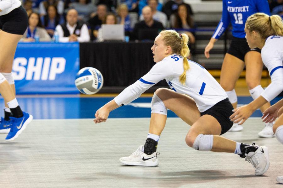 Kentucky freshman Alli Stumler saves a ball from hitting the ground during the match against Murray State in the first round of the NCAA tournament on Friday, Nov. 30, 2018, at Memorial Coliseum in Lexington, Kentucky. Kentucky defeated Murray State three sets to zero. Photo by Jordan Prather | Staff