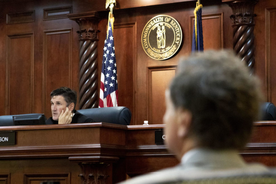 Judge Robert Johnson listens to Assistant Attorney General Travis Mayo's argument at the Kentucky Court of Appeals on Tuesday, Sept. 25, 2018, in Frankfort, Kentucky. Photo by Arden Barnes | Staff