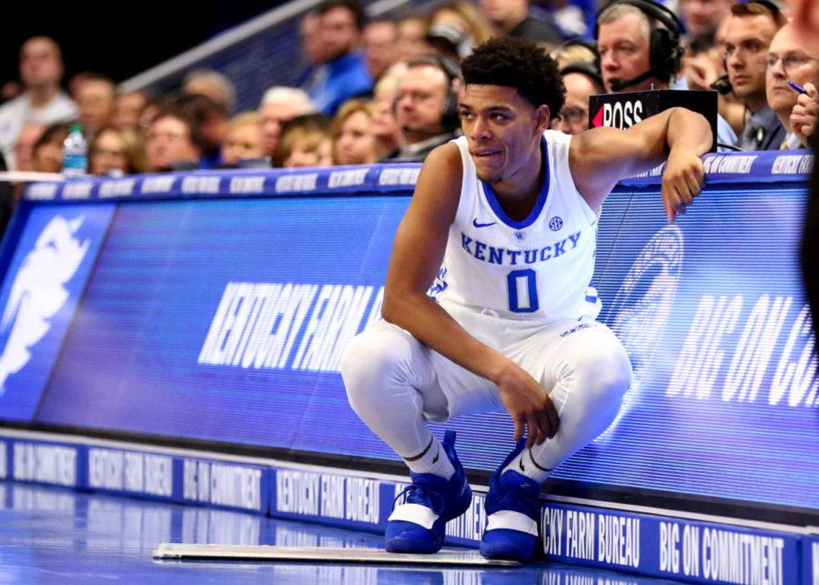 Kentucky sophomore guard Quade Green checks in during the game against Southern Illinois University on Friday, Nov. 9, 2018, at Rupp Arena, in Lexington, Kentucky. Kentucky won 71-59. Photo by Arden Barnes | Staff