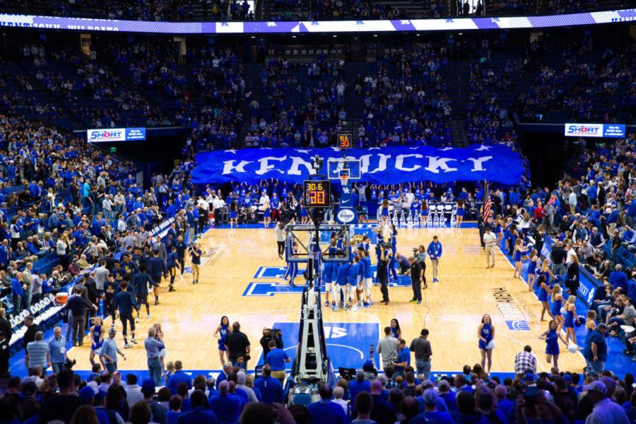 The+Kentucky+flag+flies+above+the+student+section+before+the+game+against+University+of+North+Carolina+at+Greensboro+on+Saturday%2C+Dec.+1%2C+2018%2C+at+Rupp+Arena+in+Lexington%2C+Kentucky.+Kentucky+won+78-61.+Photo+by+Jordan+Prather+%7C+Staff
