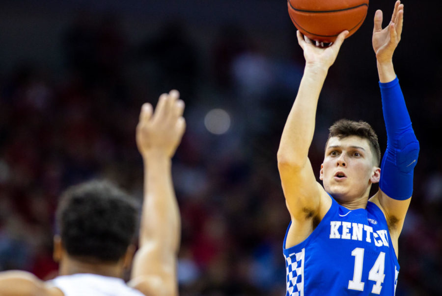 Kentucky freshman guard Tyler Herro shoots a three-pointer during the game against Louisville on Saturday, Dec. 29, 2018, at the KFC Yum! Center in Louisville, Kentucky. Kentucky won with a final score of 71-58. Photo by Jordan Prather | Staff
