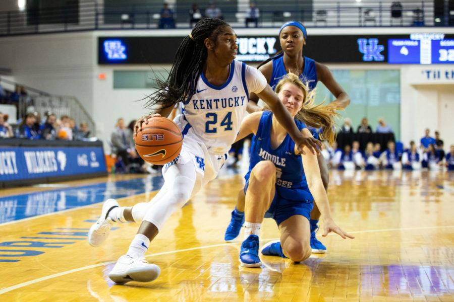 Senior guard Taylor Murray dribbles along the baseline during the game against Middle Tennessee on Saturday, Dec. 15, 2018, at Memorial Coliseum in Lexington, Kentucky. Kentucky defeated the Blue Raiders 72-55. Photo by Jordan Prather | Staff