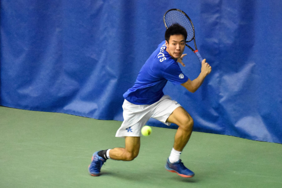 Ryo Matsumura prepares for a backhand slice during the second set of his singles match during the Kentucky/Notre Dame mens tennis match on Saturday, January 19, 2019 in Lexington, Kentucky. Photo by Natalie Parks | Staff
