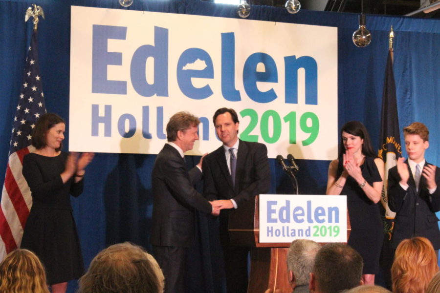 Adam+Edelen+%28right%29+introduces+Gill+Holland%2C+his+running+mate+on+his+campaign+for+governor+of+Kentucky+on+Jan.+7%2C+2019%2C+at+the+Old+Fayette+County+Courthouse+in+downtown+Lexington%2C+Kentucky.