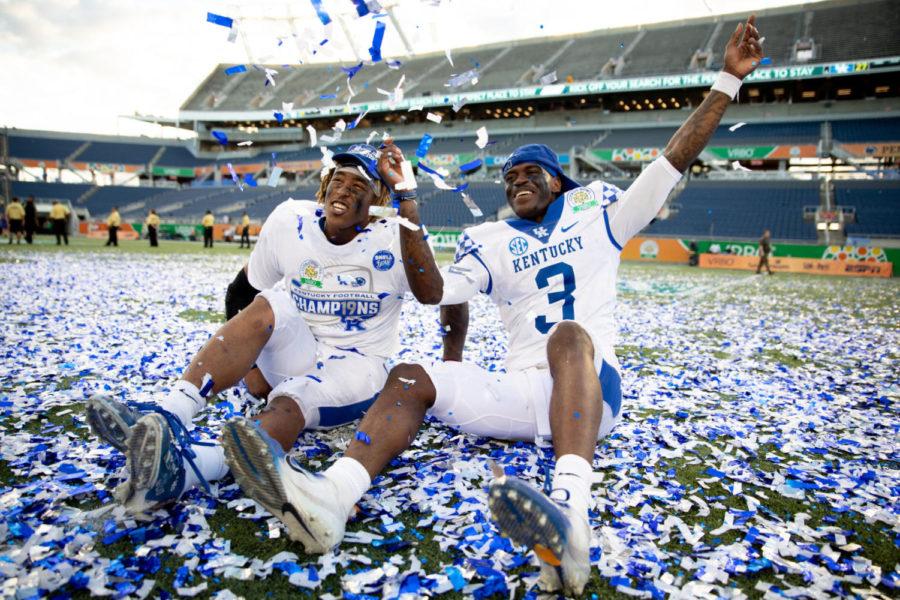 Kentucky+Wildcats+running+back+Benny+Snell+Jr.+%2826%29+and+Kentucky+Wildcats+quarterback+Terry+Wilson+%283%29+celebrate+with+confetti+after+the+game.+University+of+Kentucky+football+defeated+Penn+State+University+27-24+in+the+VRBO+Citrus+Bowl+at+Camping+World+Stadium+on+Tuesday%2C+January+1%2C+2019+in+Orlando%2C+Florida.+Photo+by+Michael+Clubb+%7C+Staff