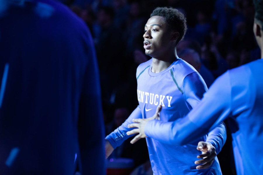 Freshman+guard+Ashton+Hagans+high+fives+teammates+while+being+introduced+before+the+game.+University+of+Kentucky+mens+basketball+team+defeated+Mississippi+State+76-55+at+Rupp+Arena+on%C2%A0Tuesday%2C+Jan.+22%2C+2019%2C+in+Lexington%2C+Kentucky.+Photo+by+Michael+Clubb+%7C+Staff