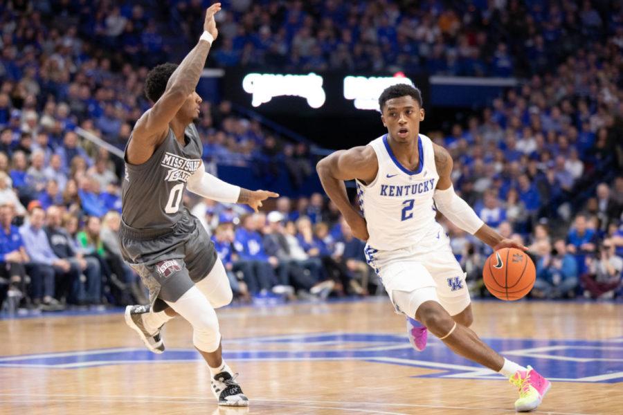 Freshman guard Ashton Hagans dribbles the ball into the lane. University of Kentucky mens basketball team defeated Mississippi State 76-55 at Rupp Arena on Tuesday, Jan. 22, 2019, in Lexington, Kentucky. Photo by Michael Clubb | Staff
