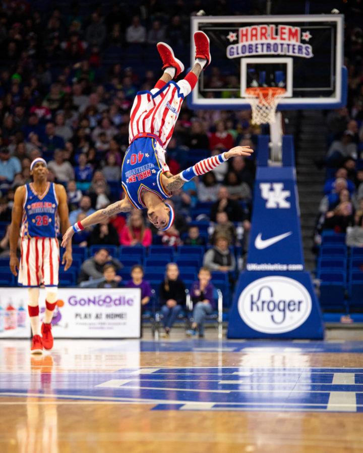 Harlem+Globetrotter+Wham+flips+down+the+court+during+the+show+on+Sunday%2C+Jan.+20%2C+2019%2C+at+Rupp+Arena+in+Lexington%2C+Kentucky.