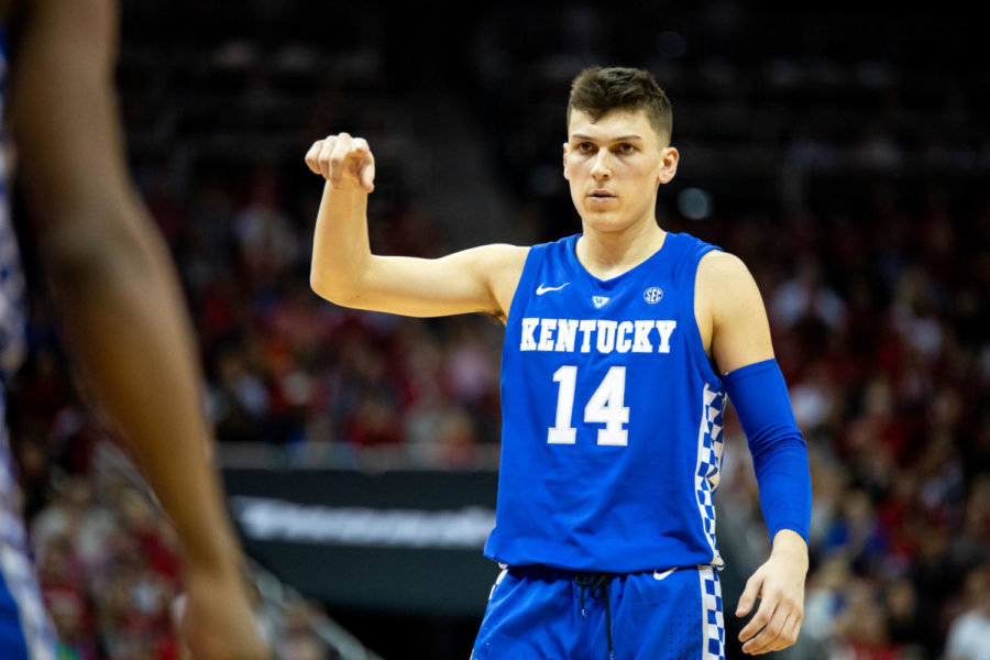 Kentucky freshman guard Tyler Herro celebrates his three-pointer during the game against Louisville on Saturday, Dec. 29, 2018, at the KFC Yum! Center in Louisville, Kentucky. Kentucky won with a final score of 71-58. Photo by Jordan Prather | Staff