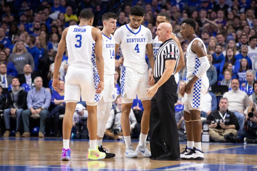 UK huddles up and listens to a referees explanation of a call. University of Kentucky mens basketball team defeated Vanderbilt University 56-47 at Rupp Arena on Saturday, January 12, 2019, in Lexington, Kentucky. Photo by Michael Clubb | Staff