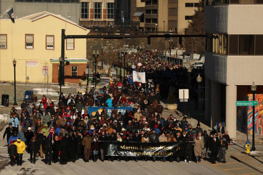 Thousands gathered in downtown Lexington, Kentucky, to honor Dr. Martin Luther King Jr. by participating in the MLK March for Freedom on Monday, Jan. 21, 2018. Photo by Quinn Foster | Staff