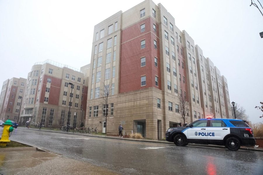 Police cars were parked next to Jewell Hall, a dorm on UKs campus, on Wednesday, Jan. 23, 2018, in Lexington, Kentucky. A student was transported from the scene via ambulance after 2 p.m. Photo by Jordan Prather | Staff