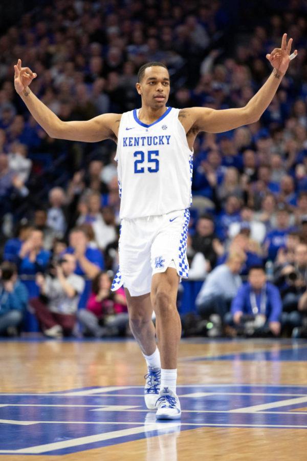 Sophomore forward PJ Washington celebrates after making a three point shot. University of Kentucky mens basketball team defeated Mississippi State 76-55 at Rupp Arena on Tuesday, Jan. 22, 2019, in Lexington, Kentucky. Photo by Michael Clubb | Staff