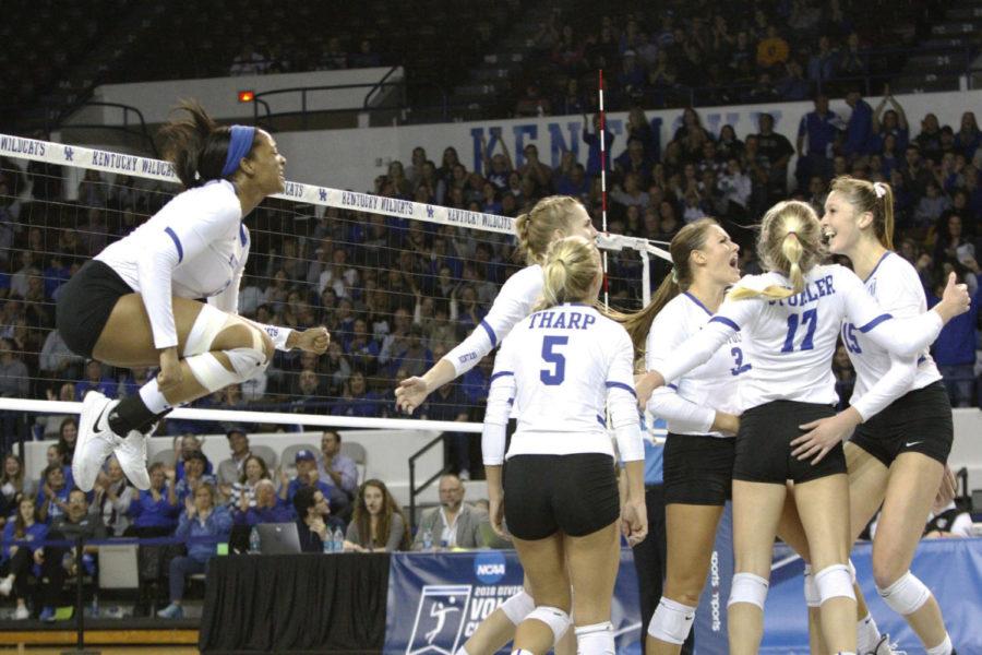 The+University+of+Kentucky+Womens+Volleyball+team+celebrates+after+a+point+in+their+game+against+Murray+State.+The+cats+won+the+first+game+of+the+NCAA+tournament+3-0+on+Friday%2C+Nov.+30%2C+2018.