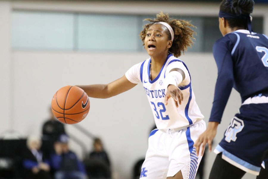 Junior Jaida Roper talks to her teammates during the game against Rhode Island on Thursday, December 6, 2018, in Lexington, Kentucky. Photo by Chase Phillips | Staff