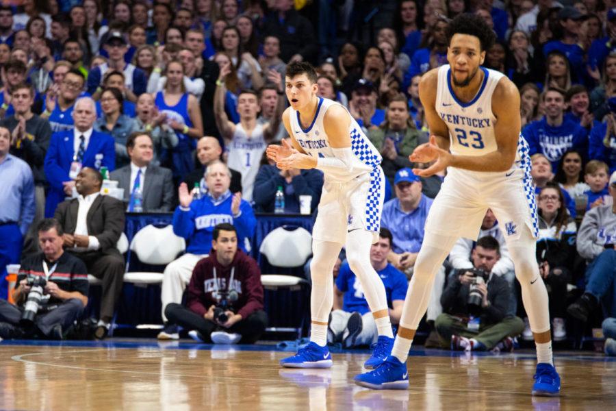 Kentucky freshman guard Tyler Herro and freshman forward EJ Montgomery celebrate a three point basket by Herro during the game against Texas A&M on Tuesday, Jan. 8, 2019, at Rupp Arena in Lexington, Kentucky. Photo by Jordan Prather | Staff