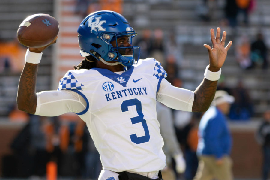 Kentucky Wildcats quarterback Terry Wilson (3) throwing during warmups before the game. University of Kentuckys football team lost to University of Tennessee, 24-7, at Neyland Stadium on Saturday, Nov. 10, 2018 in Knoxville, Tennessee. Photo by Michael Clubb | Staff