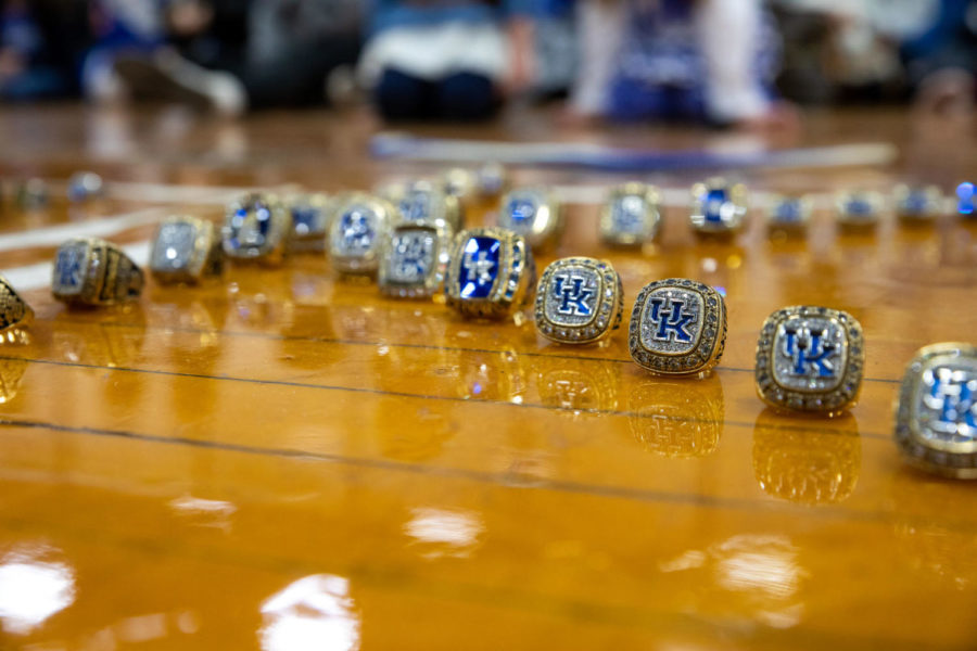 UK cheerleading chairmanship rings lay on the court at the Seaton Center before the teams sendoff on Thursday, Jan. 17, 2019, in Lexington, Kentucky. Photo by Jordan Prather | Staff