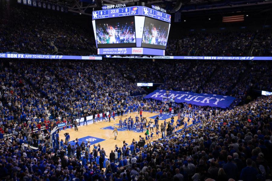 The+ERUPPtion+zone+holds+up+a+Kentucky+flag+before+the+start+of+the+game.+No.+8+University+of+Kentucky+mens+basketball+defeated+No.+9+Kansas+at+Rupp+Arena+on+Saturday%2C+Jan.+26%2C+2019%2C+in+Lexington%2C+Kentucky.+Photo+by+Michael+Clubb+%7C+Staff