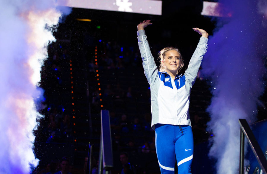 Kentucky gymnast Hailey Poland is introduced before the Excite Night meet against Arkansas on Friday, Jan. 18, 2019, at Rupp Arena in Lexington, Kentucky. Kentucky won 195.275 to 193.875.
