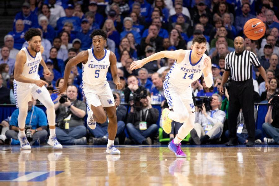 Freshman guard Tyler Herro chases after a loose ball. University of Kentucky mens basketball team defeated Mississippi State 76-55 at Rupp Arena on Tuesday, Jan. 22, 2019, in Lexington, Kentucky. Photo by Michael Clubb | Staff