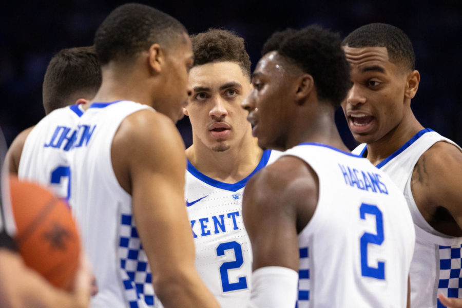 UK+groups+up+in+a+huddle+before+a+free+throw.+No.+8+University+of+Kentucky+mens+basketball+defeated+No.+9+Kansas+at+Rupp+Arena+on+Saturday%2C+Jan.+26%2C+2019%2C+in+Lexington%2C+Kentucky.+Photo+by+Michael+Clubb+%7C+Staff