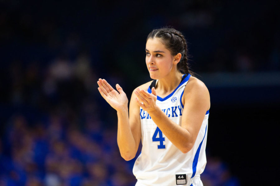 Senior guard Maci Morris claps after a foul is called during the game against Virginia on Thursday, Nov. 15, 2018, at Rupp Arena in Lexington, Kentucky. Kentucky won 63 to 51. Photo by Jordan Prather | Staff