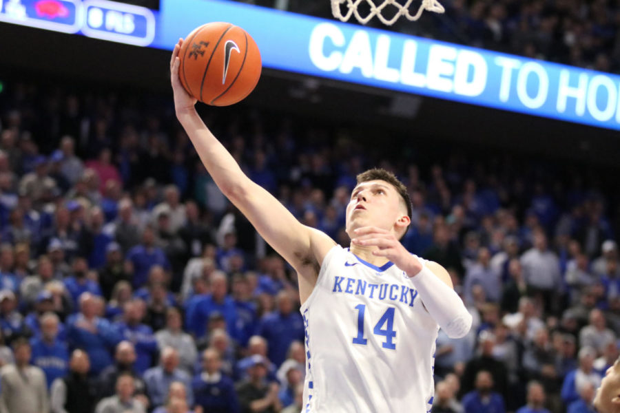Kentucky freshman guard Tyler Herro makes a layup during the game against Arkansas on Tuesday, February 26, 2019 in Lexington, Ky. Photo by Chase Phillips | Staff