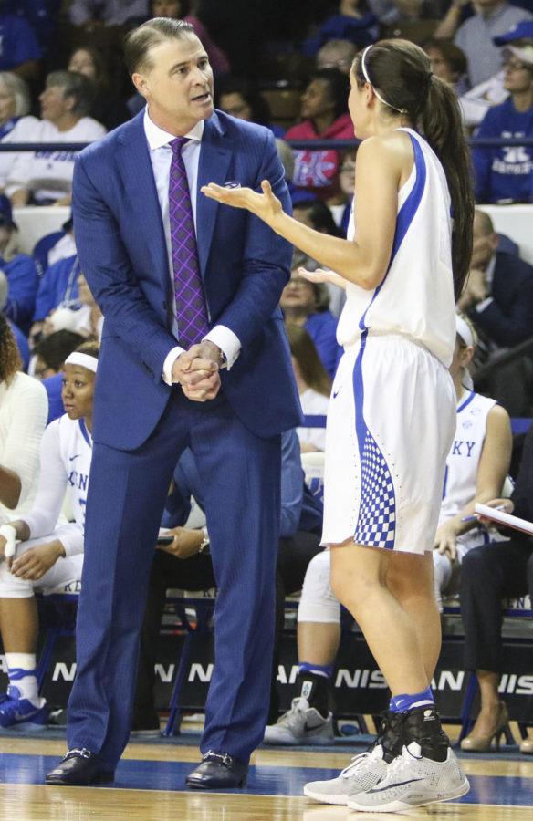 Kentucky Wildcat head coach Matthew Mitchell coaches up guard Maci Morris during the fourth quarter of the game against the Mississippi State Bulldogs on Thursday, February 23, 2017 at Memorial Coliseum in Lexington, KY. Photo by Addison Coffey | Staff.