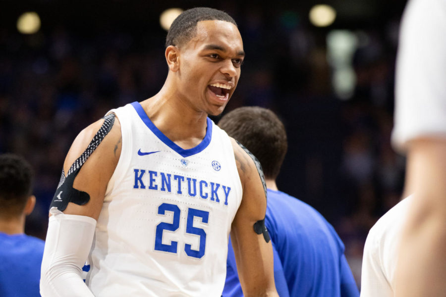 Sophomore+forward+PJ+Washington+celebrates+while+coming+off+the+court.+UK+mens+basketball+team+played+against+Auburn+at+Rupp+Arena+on+Saturday%2C+Feb.+23%2C+2019+in+Lexington%2C+Kentucky.+Photo+by+Michael+Clubb+%7C+Staff