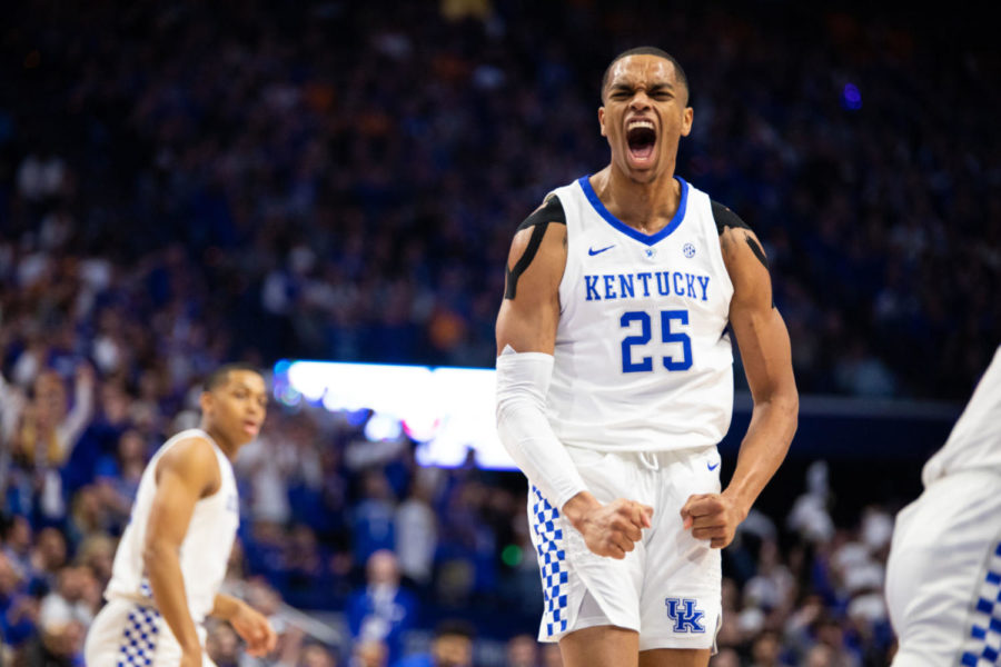 Kentucky sophomore forward PJ Washington celebrates after hitting a shot during the game against Tennessee on Saturday, Feb. 16, 2019, at Rupp Arena in Lexington, Kentucky. Photo by Jordan Prather | Staff