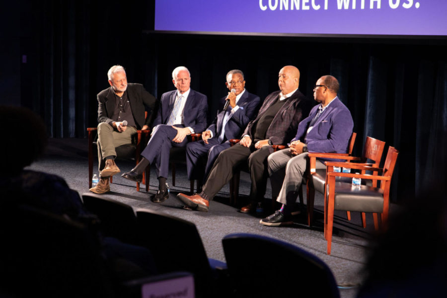 Paul Wagner, Paul Karen, Nate Northington, Mel Page, and Wilbur Hackett (left to right) participate in a panel Q&A after a viewing of the documentary 