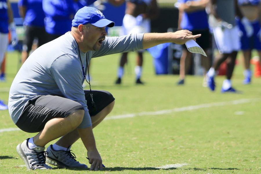 Kentucky Wildcats defensive coordinator Matt House coaches the defense during the open practice at the Joe Craft Football Training Facility on Saturday, August 5, 2017 in Lexington, KY. Photo by Addison Coffey | Staff