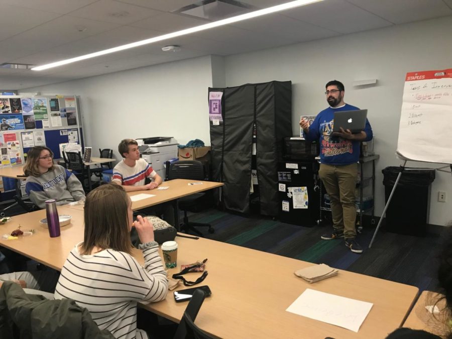 UK Alum Greg Capillo explains tips for intervening in tense situations to a group of students at the third installment of the Fighting Injustice 101 Training Series presented in the UK Dinkle-Mas Suite for LGBTQ* Resources in Lexington, Ky., on Feb. 12, 2019. Photo by Olivia Antigua. 