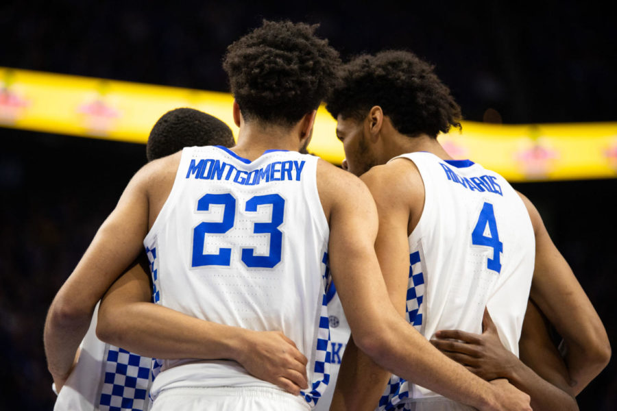 the Kentucky Wildcats basketball team huddles up during the game against LSU on Tuesday, Feb. 12, 2019, at Rupp Arena in Lexington, Kentucky. Photo by Jordan Prather | Staff