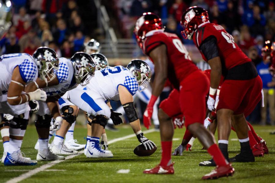 The Kentucky Wildcats offense lines up against the Louisville defense during the game on Saturday, Nov. 24, 2018, at Cardinal Stadium in Louisville, Kentucky. Photo by Jordan Prather | Staff