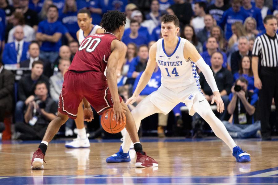 Freshman guard Tyler Herro guards an USC player at mid court. University of Kentucky mens basketball team played University of South Carolina at Rupp Arena on Tuesday, February 5, 2019, in Lexington, Kentucky. Photo by Michael Clubb | Staff