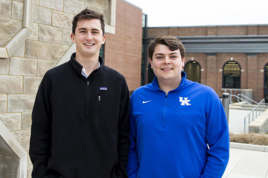 President and vice president candidates Tucker Lovett and Andy Flood pose for a photo on Feb. 19, 2019, on UK’s campus in Lexington, Kentucky. Photo by Rick Childress | Staff